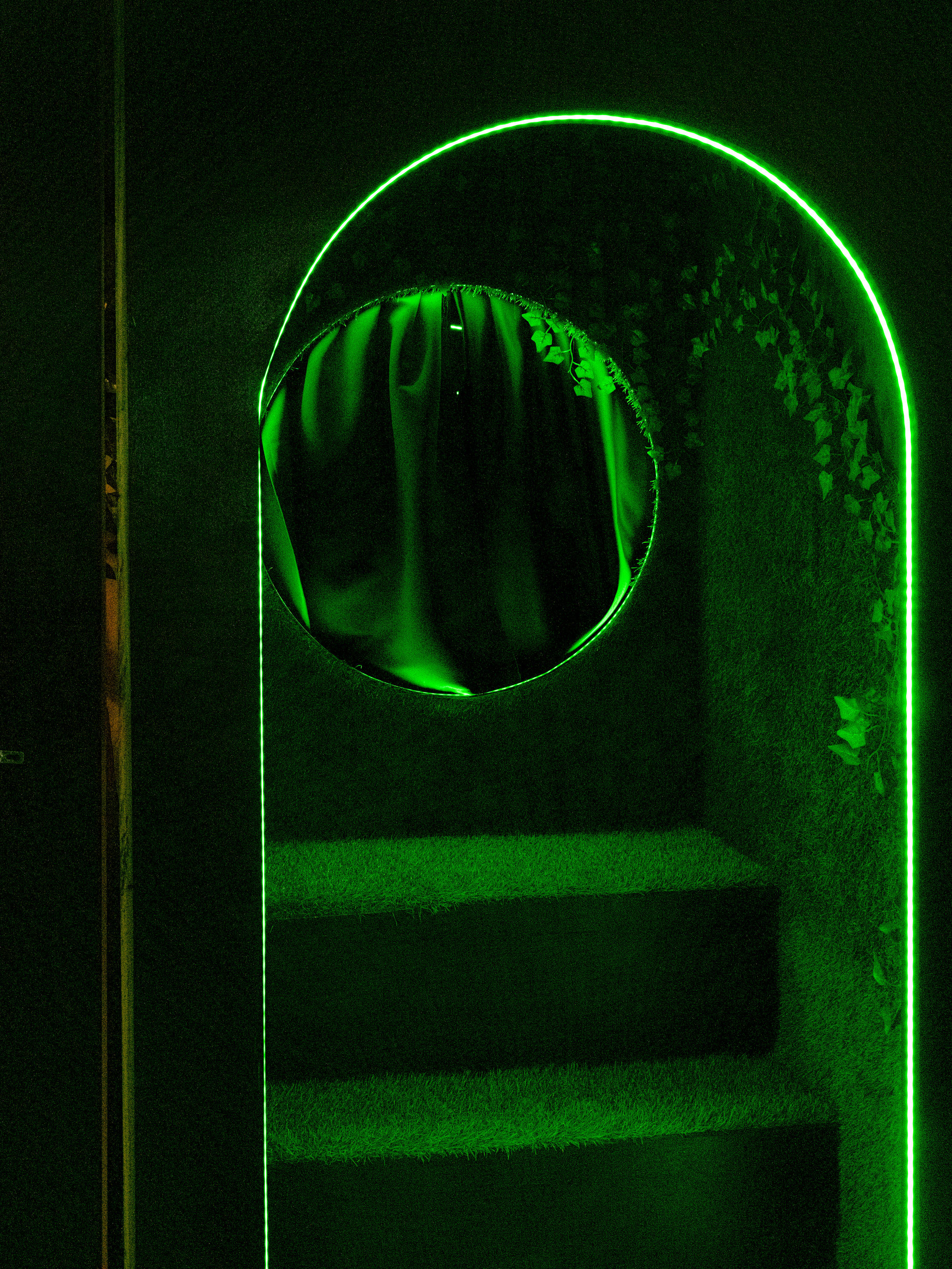 The image shows a dark green space with an archway outlined in neon. Inside, there are stairs covered in grass-like material and a curtain with ivy decor.