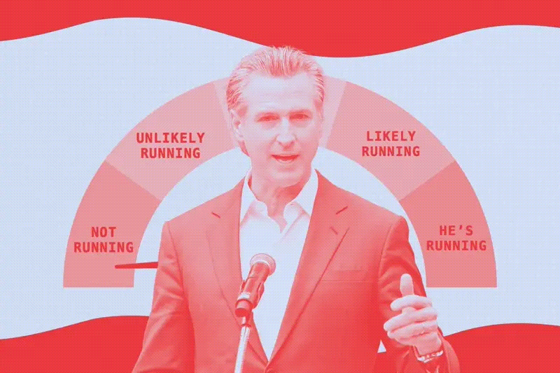 The image shows a person speaking at a podium with a background gauge indicating "Not Running" through "He's Running," with "Not Running" highlighted.