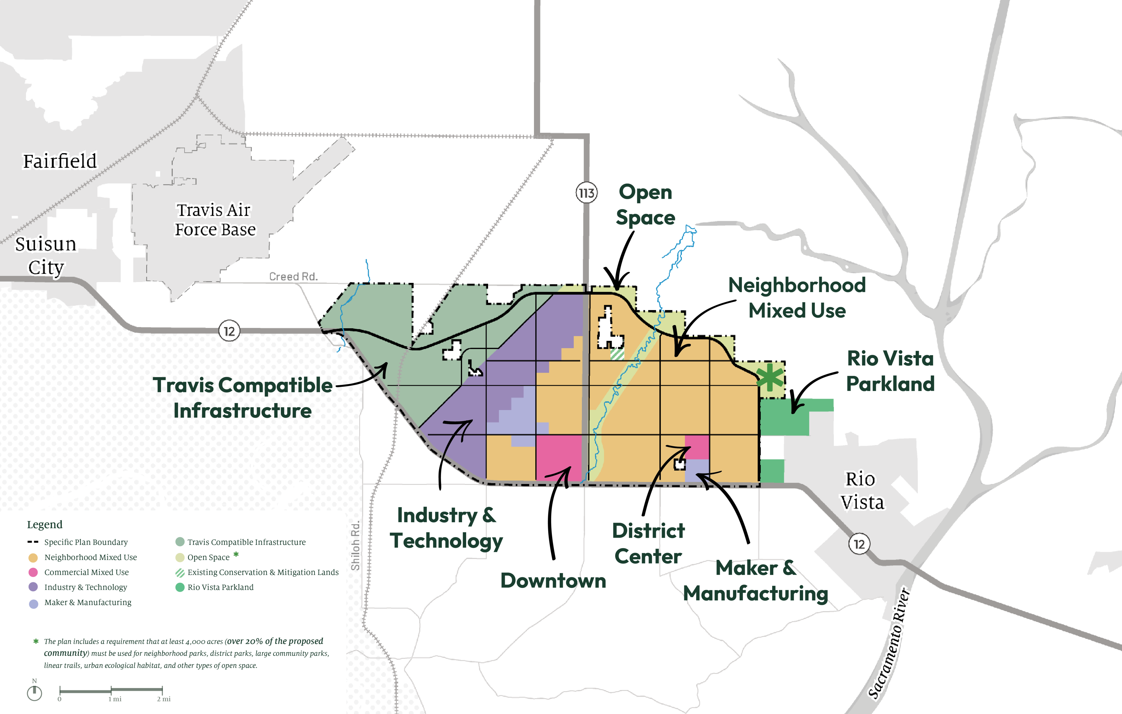 The map shows a planning layout with zones for industry, neighborhoods, parks, and infrastructure near Travis Air Force Base, Fairfield, and Rio Vista.
